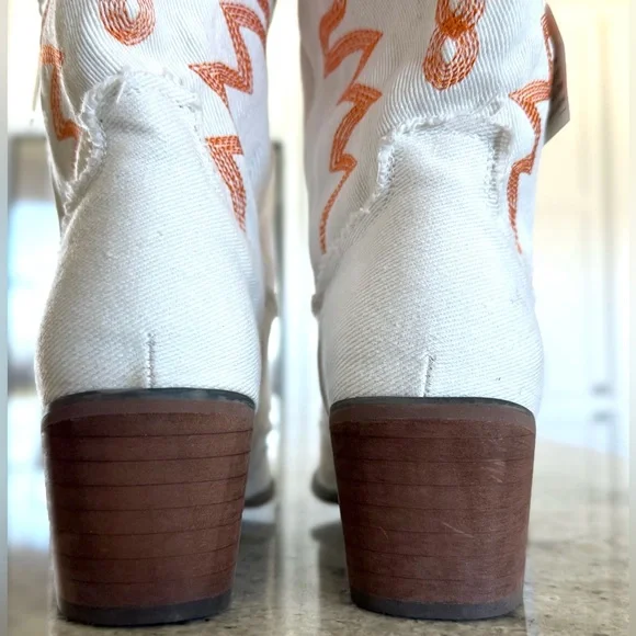 White Denim Western Heeled Boots with Orange Embroidery - Picture 10 of 12